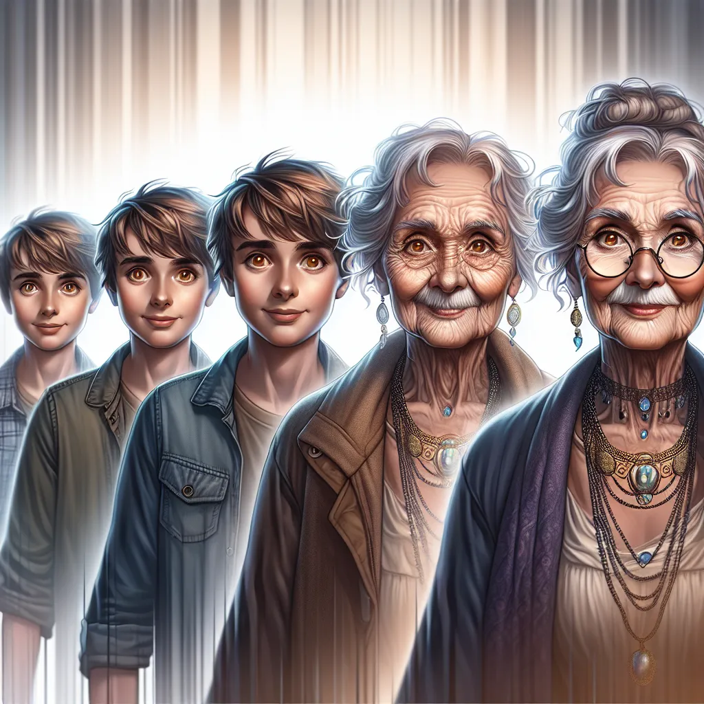 The image should depict a young boy named Oliver, transforming into a graceful elderly woman named Dorothy. It should show the progression of the transformation, with Oliver's features changing to match Dorothy's, along with the emergence of jewelry, a new outfit, and a sense of nostalgia and mystery.