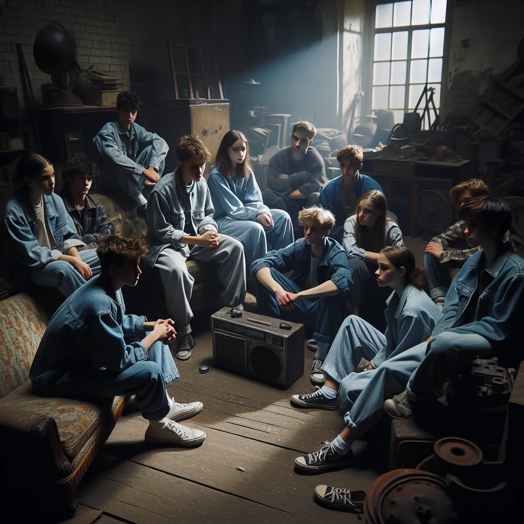 The image accompanying this story shows a group of teenagers huddled together in an abandoned room. The room is cluttered with old furniture and discarded equipment. The teens, dressed in regulation denim pajamas, sit on an old couch and other makeshift seats, engaging in whispered conversation and laughter. The dim lighting of the room, created by a flashlight held close to one of the teens, illuminates their faces and emphasizes the secrecy of their gathering.