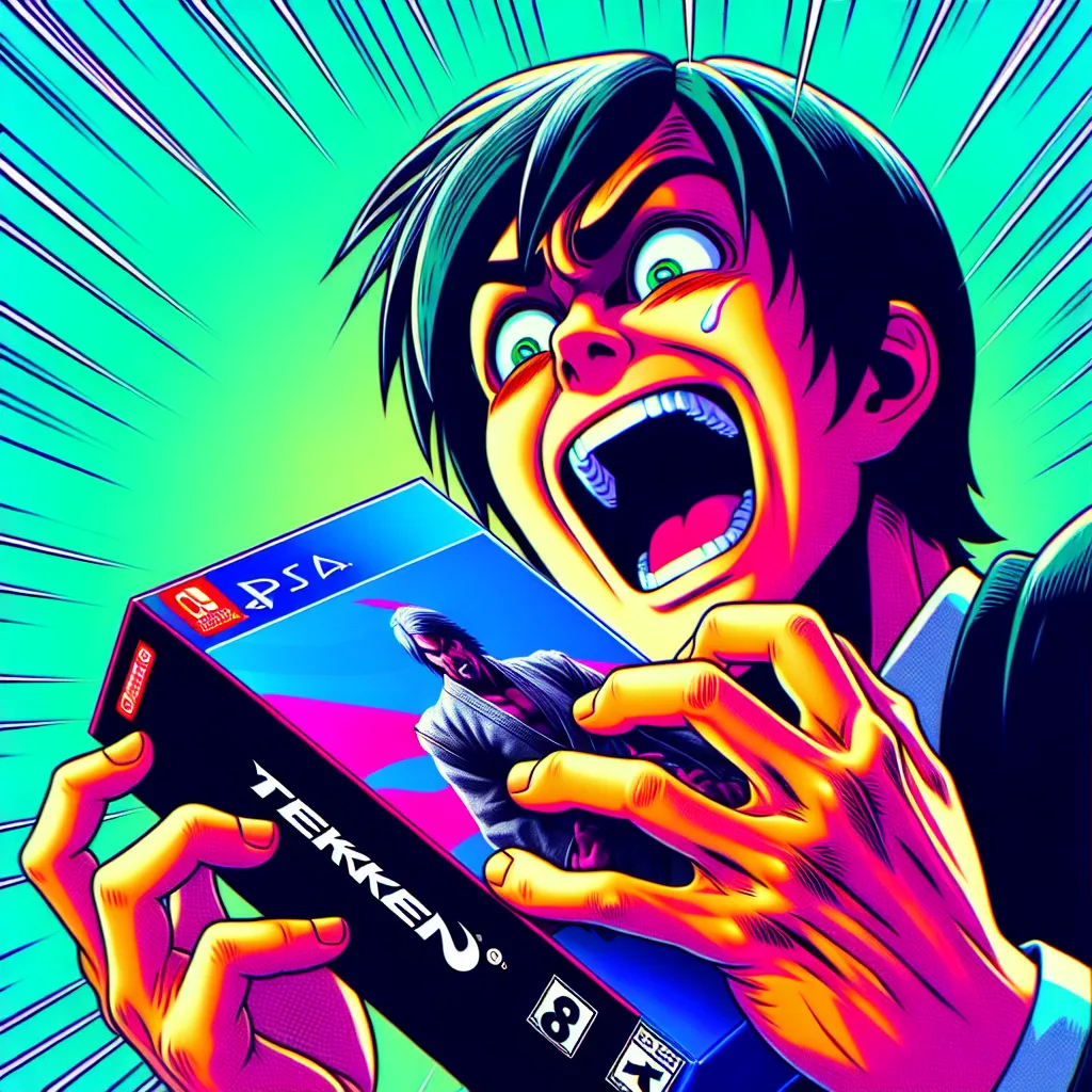 Description: An image depicting a close-up shot of a person's hand holding a video game box with the title "Tekken 8" on it, showcasing excitement and anticipation.