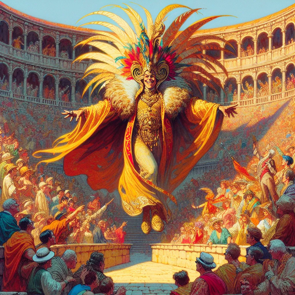 The image for this story should depict the grand coliseum, vibrant and animated, with Lucifer Morningstar descending from the sky. The scene should capture his imposing figure and devilish charm.