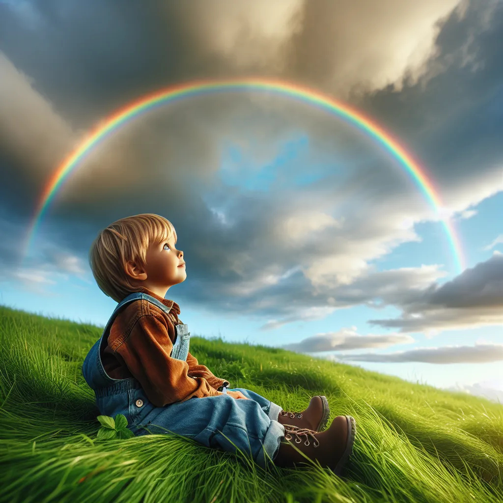 A young child sits on a grassy hill while looking up at a vibrant rainbow stretching across the sky, symbolizing hope and happiness.