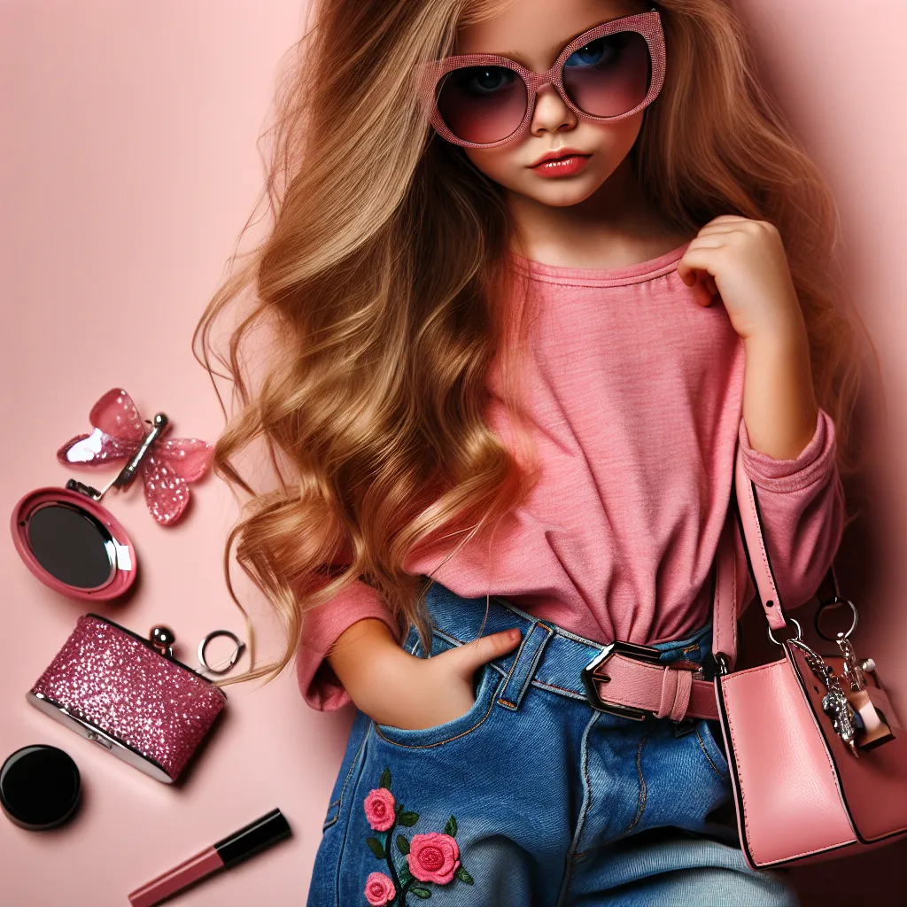 An image of a young girl named Sophie, dressed in a vibrant pink crop top and skimpy jean shorts, standing confidently with a pink purse slung over her shoulder. She has long, wavy blonde hair and is wearing oversized sunglasses. Sophie is surrounded by scattered accessories including a compact mirror, lipstick container, and car keys with a glittery keychain. She is looking directly at the camera with a playful and sassy expression.