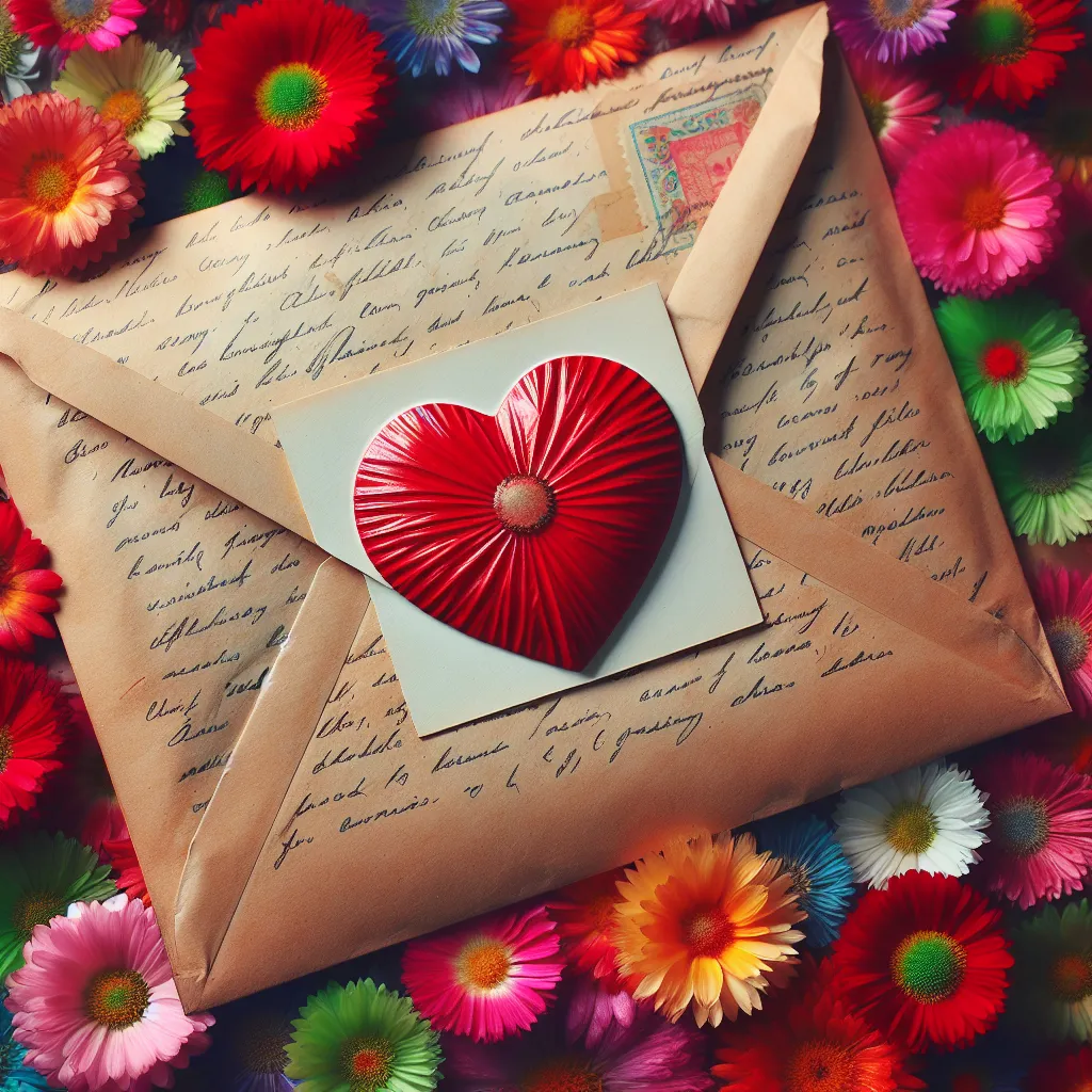 An image of a handwritten letter with a red heart-shaped sticker on the envelope, surrounded by flower petals.