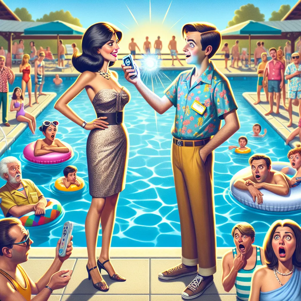A humorous and chaotic scene at the pool unfolds as a mysterious reality remote causes unexpected body swaps. A transformed Ricky, now a confident bombshell, interacts with a bewildered protagonist who is the only one aware of the changes.