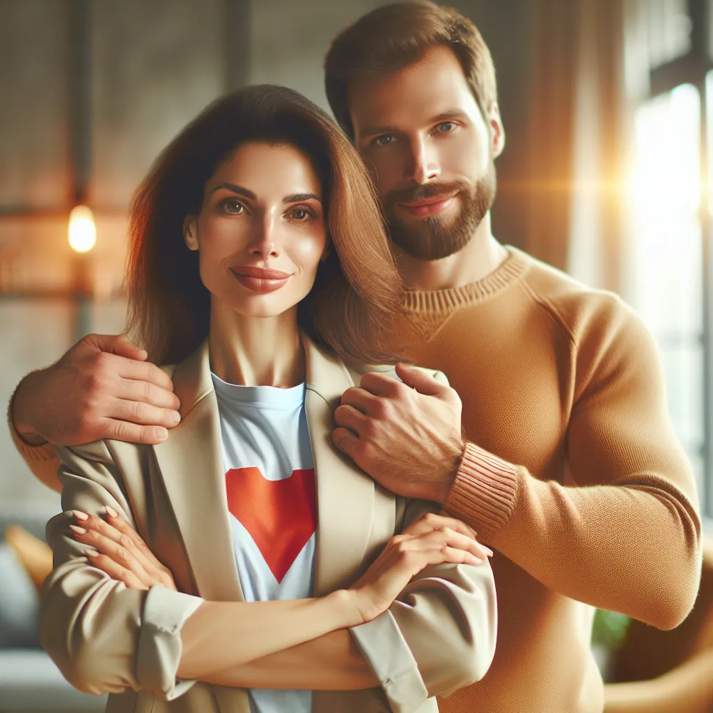 A vibrant, inspiring image of a confident woman named Amanda, embraced by her loving husband John, showcasing resilience, love, and the power of embracing change in the face of challenges.