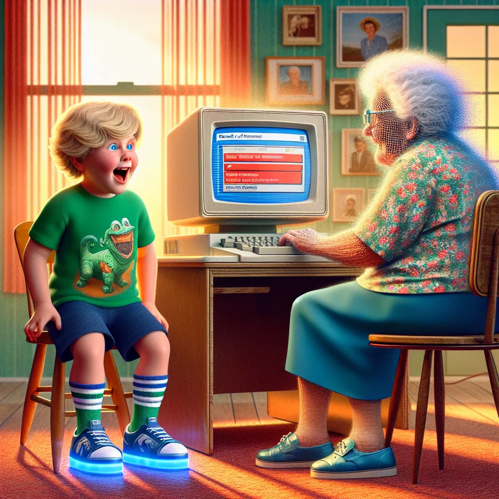 A digital image depicting a young child named Oliver sitting at an old desktop computer in a sunlit room. Oliver, a white boy with honey-brown hair and bright blue eyes, is in a green t-shirt with a cartoon dinosaur, navy shorts, mismatched socks, and blue light-up shoes. The computer screen shows a quiz titled "What Kind of Living Stereotype Are You?" Oliver's expression shifts from excitement to shock as red letters flash the result: "AN ANGRY OLD WOMAN." His transformation begins as his feet 