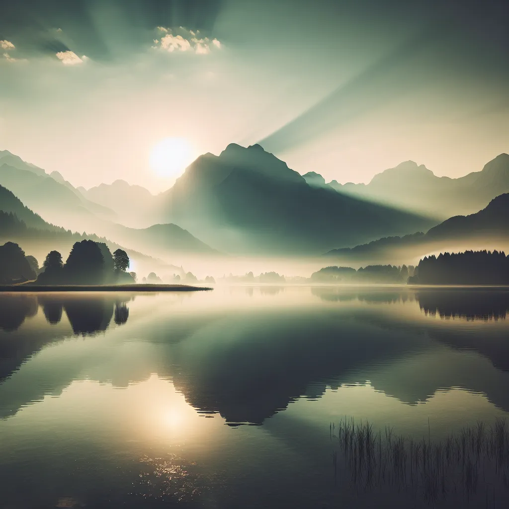 A serene view of a mountain range reflecting onto a calm lake, with soft rays of the sun shining through a misty morning atmosphere.