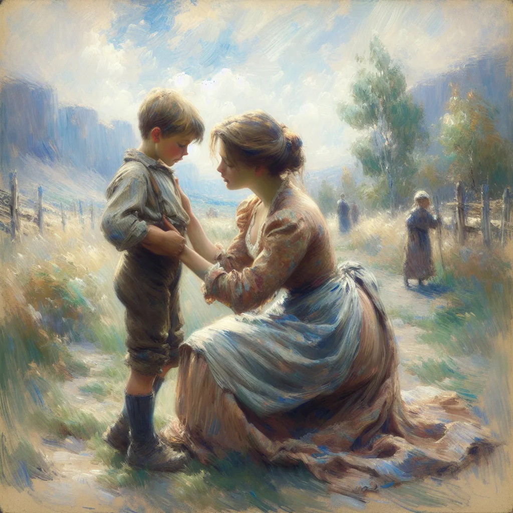 Boy, Mother, Transformation, Identity, Memory in the style of Monet