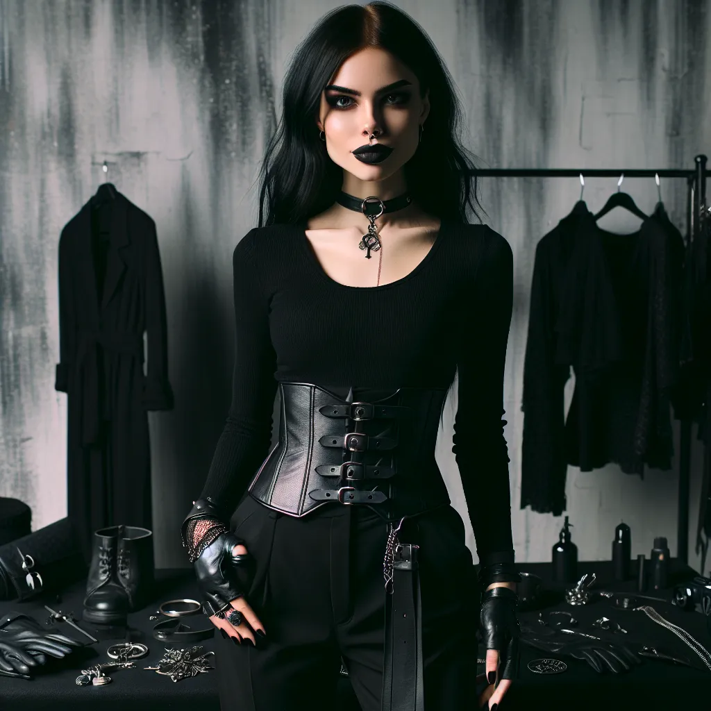 The image description for this story could be: "A goth woman wearing a black lace corset, torn fishnet stockings, a mini skirt, leather gloves, and a mesh top, stands confidently in a dark alley, surrounded by scattered goth accessories and items."
