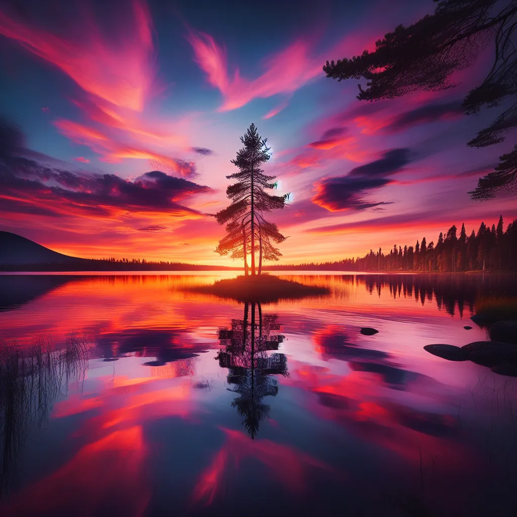 A serene sunset over a calm lake reflecting the colors of the sky, creating a picturesque and peaceful scene.