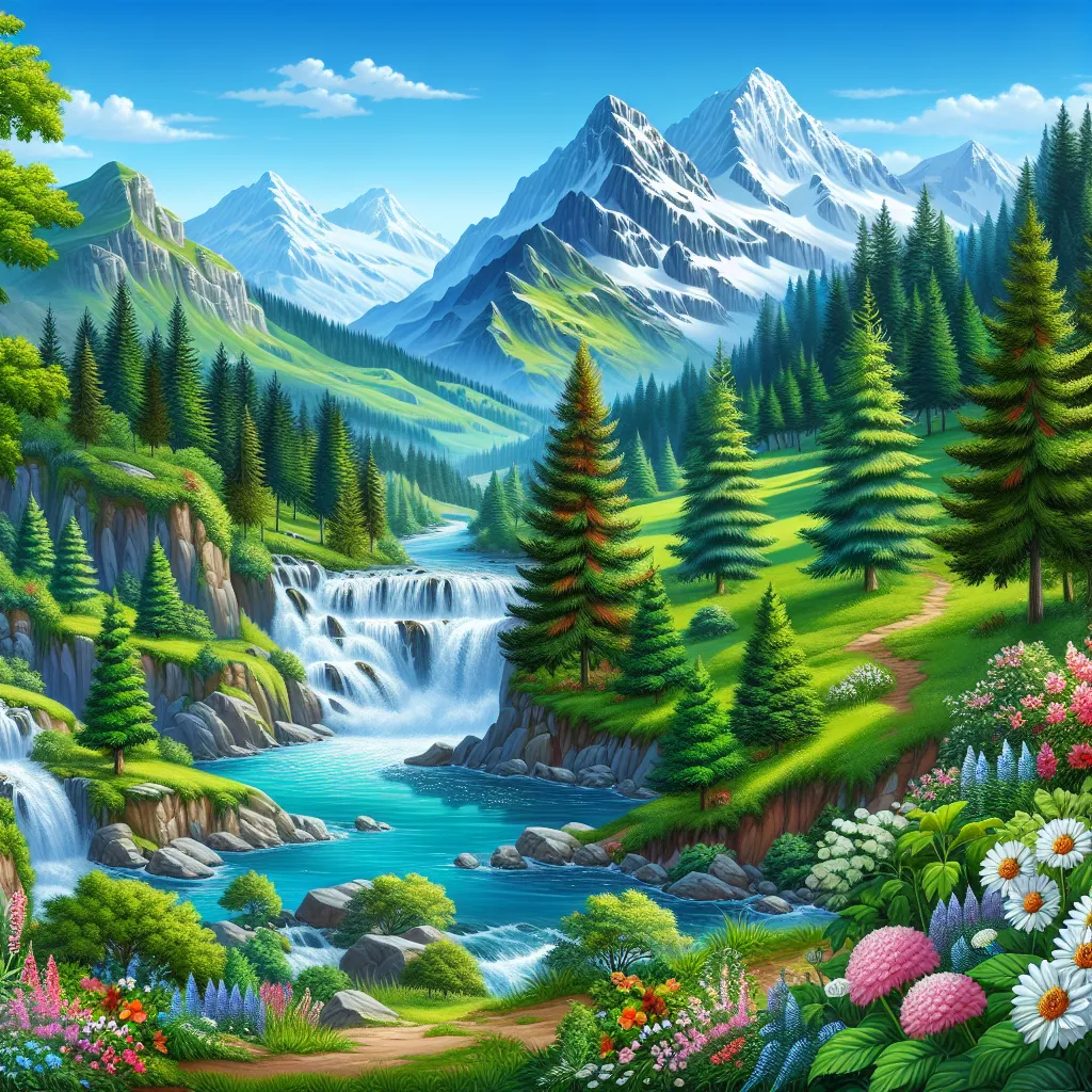 Image description: An idyllic mountain landscape with lush greenery, cascading waterfalls, and a serene river flowing through it. Snow-capped peaks stand tall in the background, while colorful wildflowers bloom in the foreground. The clear blue sky above completes the picturesque scene.