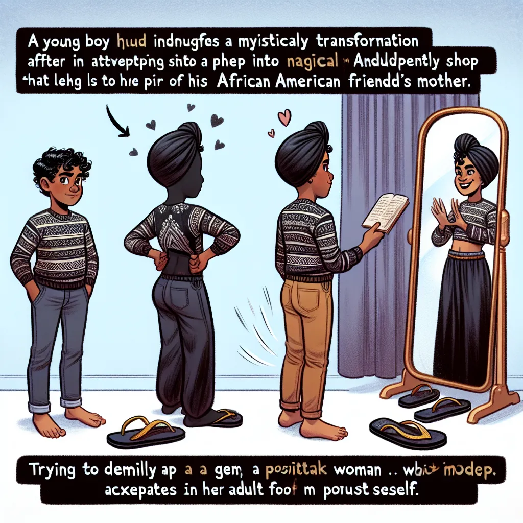 A young boy named Thomas transforms into a woman named Sharon after accidentally putting on a pair of black flip-flops belonging to his African American friend's mother. As his body undergoes a complete metamorphosis, Thomas, now Sharon, embraces her new appearance with confidence and sass. She admires her feminine features and sets off on a journey of self-discovery, unaware of her past identity. This image could depict Sharon standing confidently in front of a mirror, wearing her turban and st