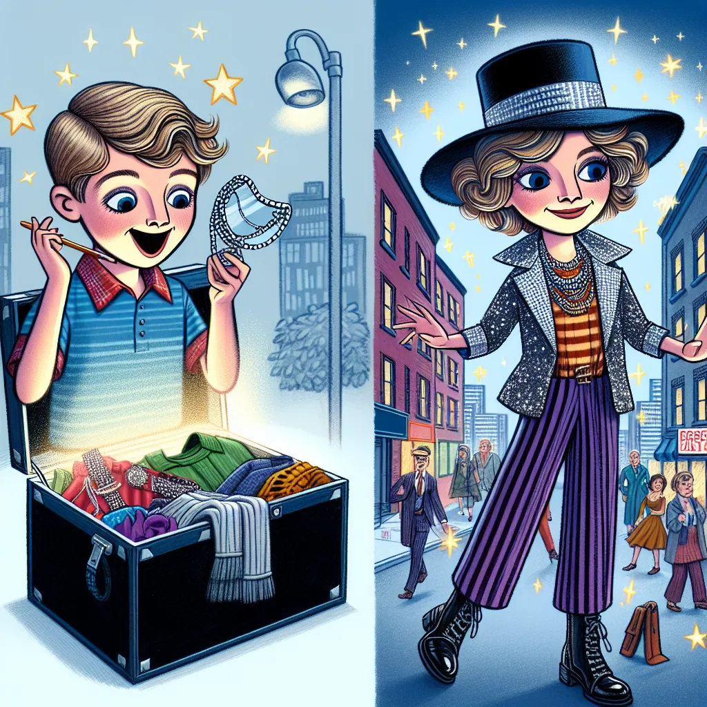 A young boy, Owen, accidentally transforms into the sassy and confident Aunt Tasha as he tries on her clubbing gear. His features shift one by one into those of Tasha, capturing her urban flair and glamorous style. Transformed, Tasha confidently embraces her new identity, ready to hit the club scene.