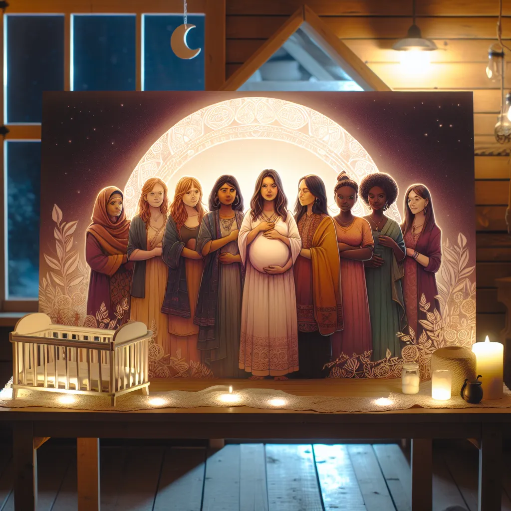 Description: An image depicting a group of young women standing together in a sorority house. They are illuminated by a soft, moonlit glow, signifying the mystical nature of their sisterhood. In the center of the image, a small cradle serves as a powerful symbol of the shared journey of motherhood that binds them. The women's expressions convey a sense of determination, love, and unity as they embark on this extraordinary path together.