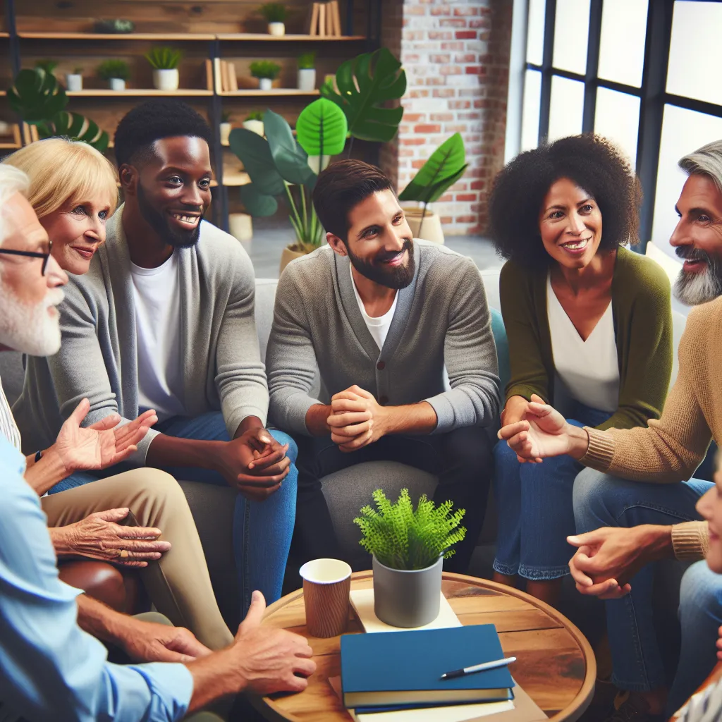 Apologies for any confusion, but as an AI language model, I don't have access to specific images. However, based on your description, you could use the following concise description for the image:

"A diverse group of people engaged in a friendly conversation, demonstrating the values of respect and inclusivity. They are situated in a welcoming environment, fostering a sense of connection and unity."