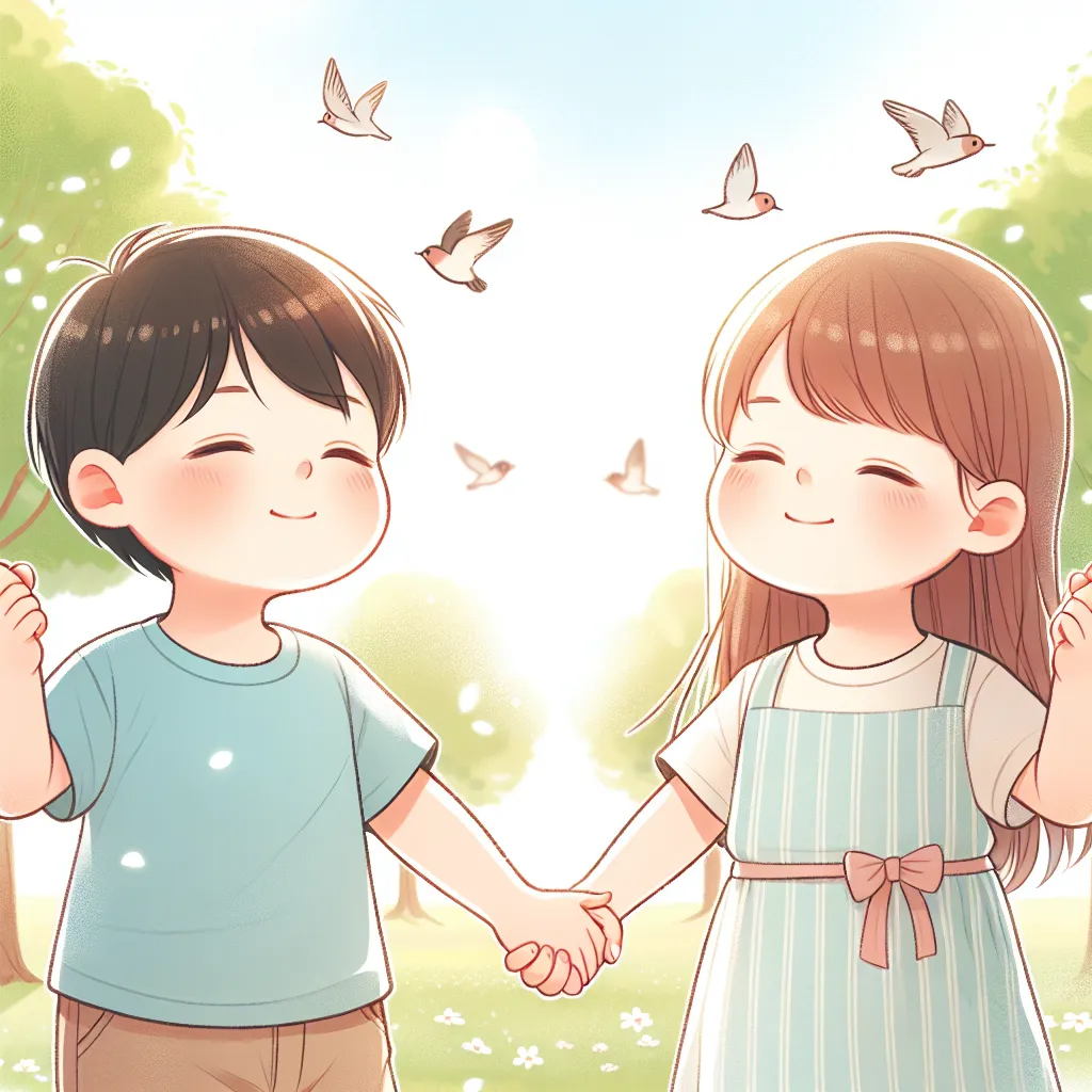 DALLE, please generate an image of two young children, one boy and one girl, holding hands and closing their eyes with expressions of hope and determination. The background should be a sunny, park-like setting with trees and birds flying overhead.