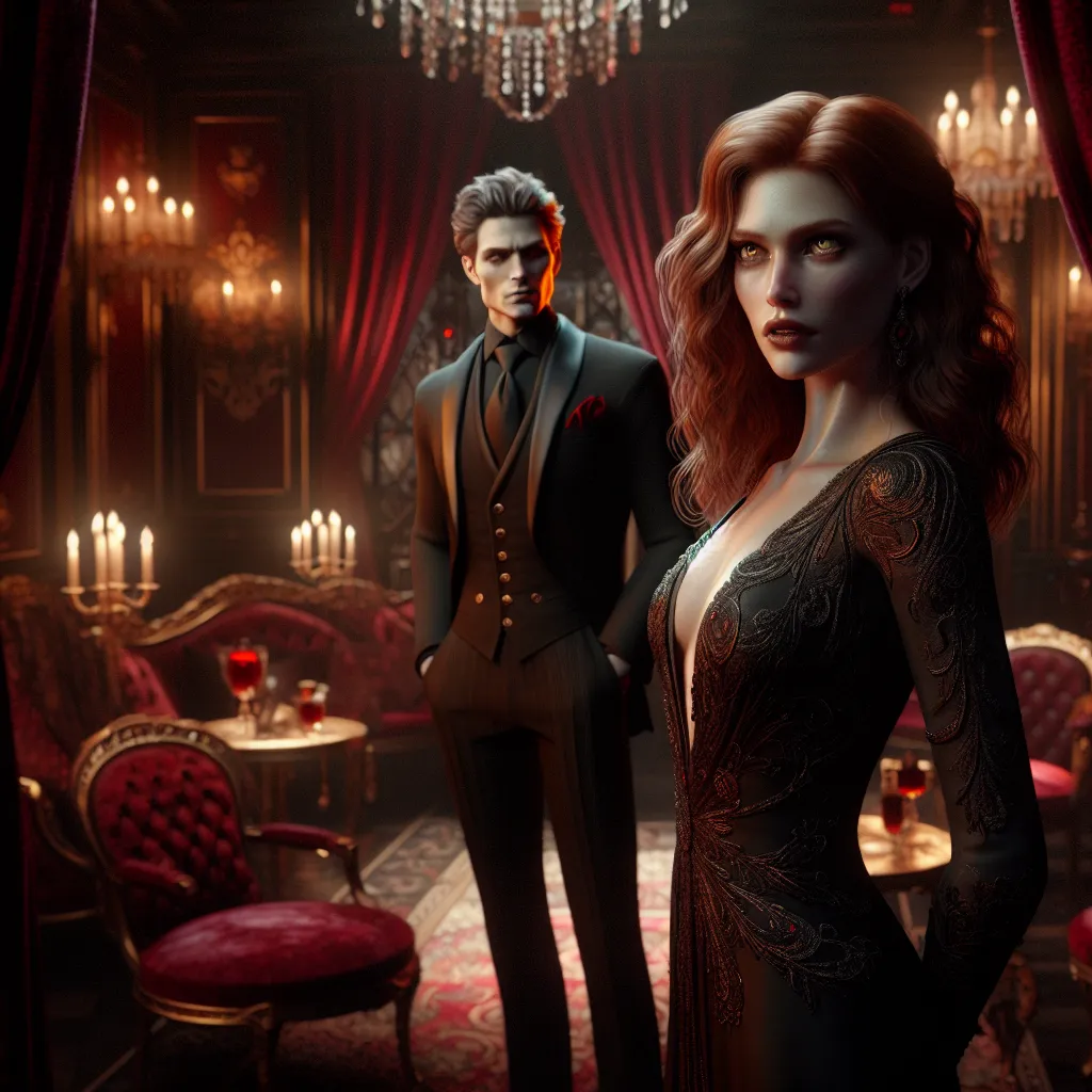 An enigmatic club owner, Eliza Lockwood, faces a vampire visitor in the dimly lit confines of The Crimson Room. Tension hums in the air as a delicate inquiry hangs between them, revealing a world of hidden secrets and dangerous intrigue in the city's underground.