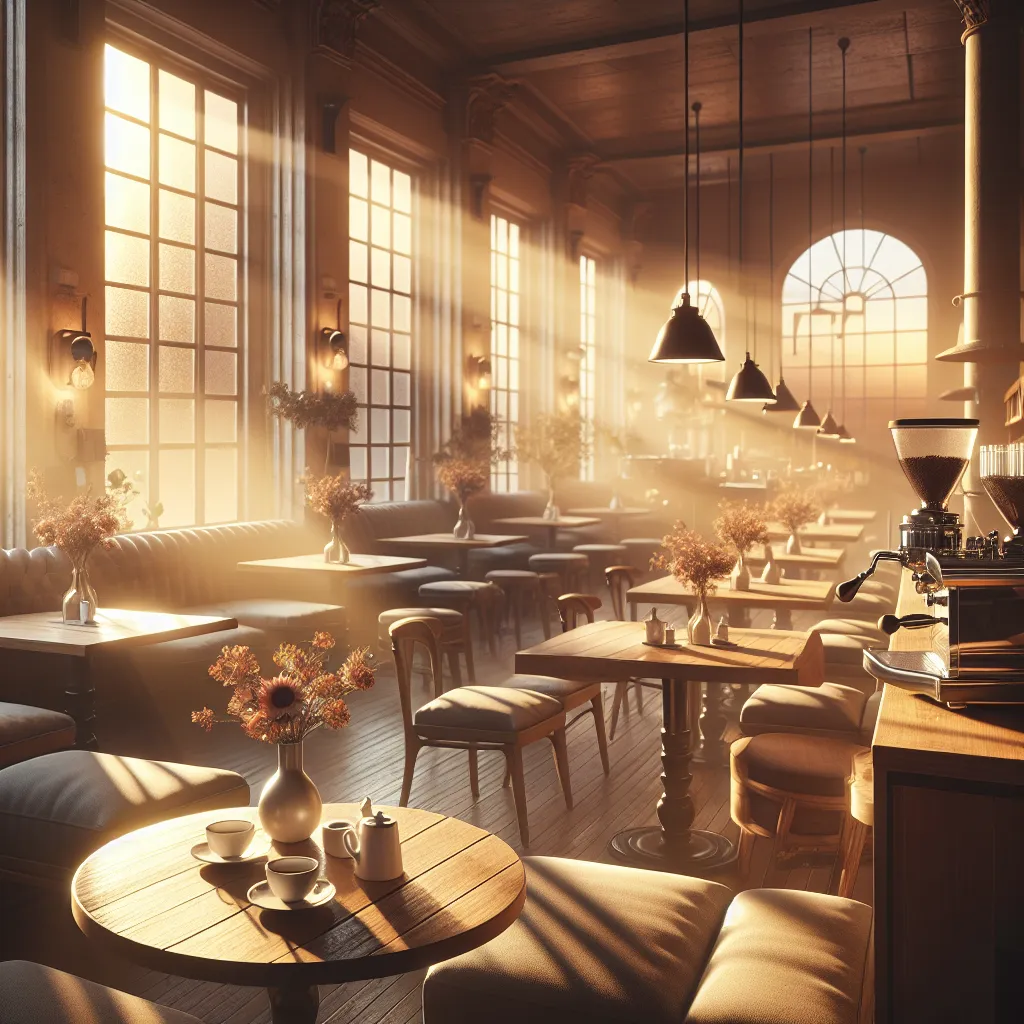 Title: "An Empty Café at Sunrise"  
Description: A tranquil coffee shop with cozy seating arrangements, bathed in the warm hues of a sunrise. Soft rays of light peek through the windows, casting a gentle glow on empty tables adorned with fresh flowers. A barista's station stands still, with coffee cups neatly lined up and a vintage coffee grinder waiting for hands to operate it. The serenity of the scene invites readers to imagine a tranquil morning filled with possibilities.