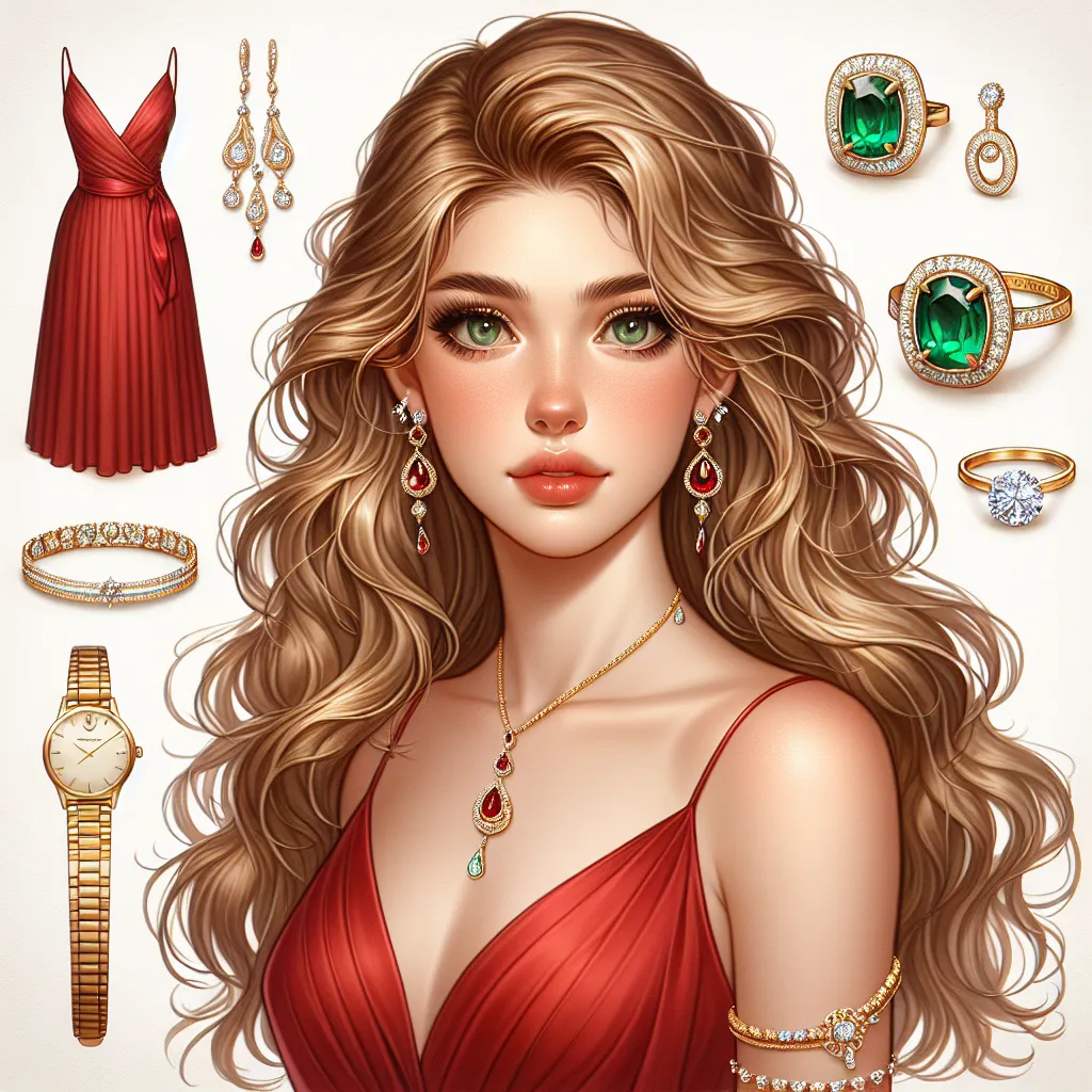 The image accompanying this story should capture the transformation of Jack into a woman. It should depict a young woman with golden-blonde, wavy hair, green eyes, and a soft, youthful face. She should be wearing an elegant red dress with a V-neckline, backless with a side slit, and gold platform sandals. The image should also include seven pieces of jewelry: a necklace with a red pendant, emerald ring, gold watch, diamond earrings, bracelet with small diamonds, delicate anklet, and a wedding ri