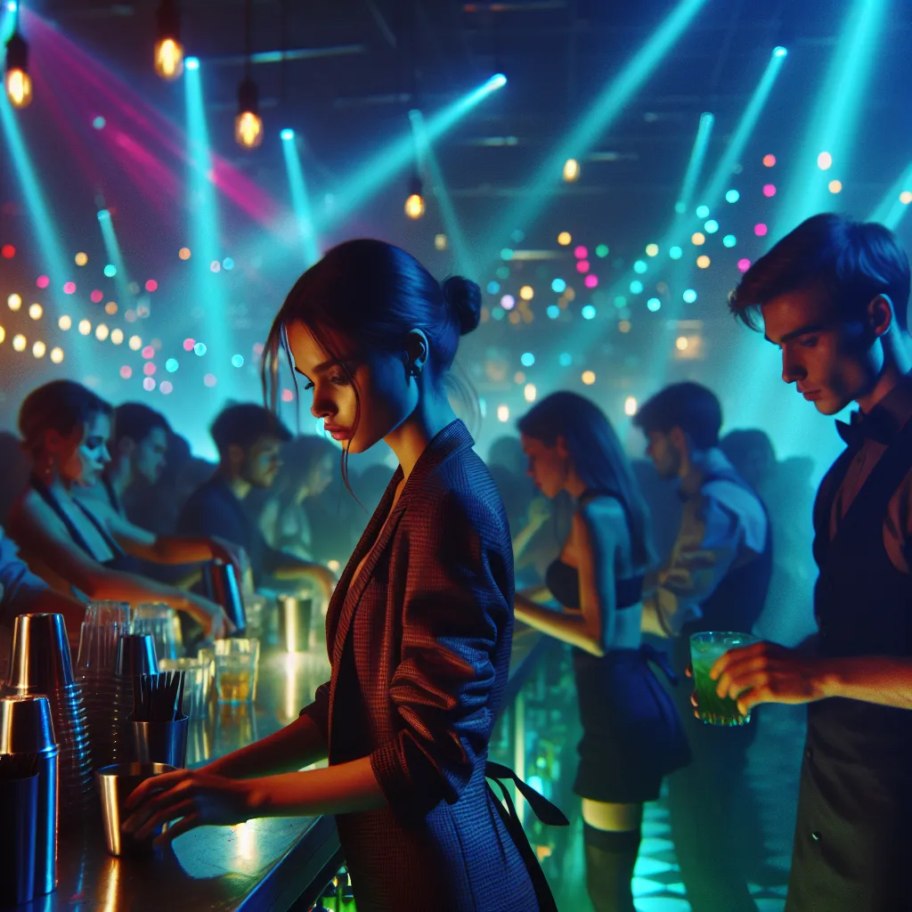An image of a crowded, neon-lit nightclub, with people dancing and swirling in a vibrant haze of colorful lights. At the center of the chaos stands Emily, the young owner, effortlessly mixing cocktails and overseeing the club operations. Her eyes tell a different story, hinting at the sorrow she carries after her sister's disappearance. Detective Monroe, a determined and youthful figure, approaches Emily, bringing hope into her dark world. Together, they uncover the club's sinister secrets and e