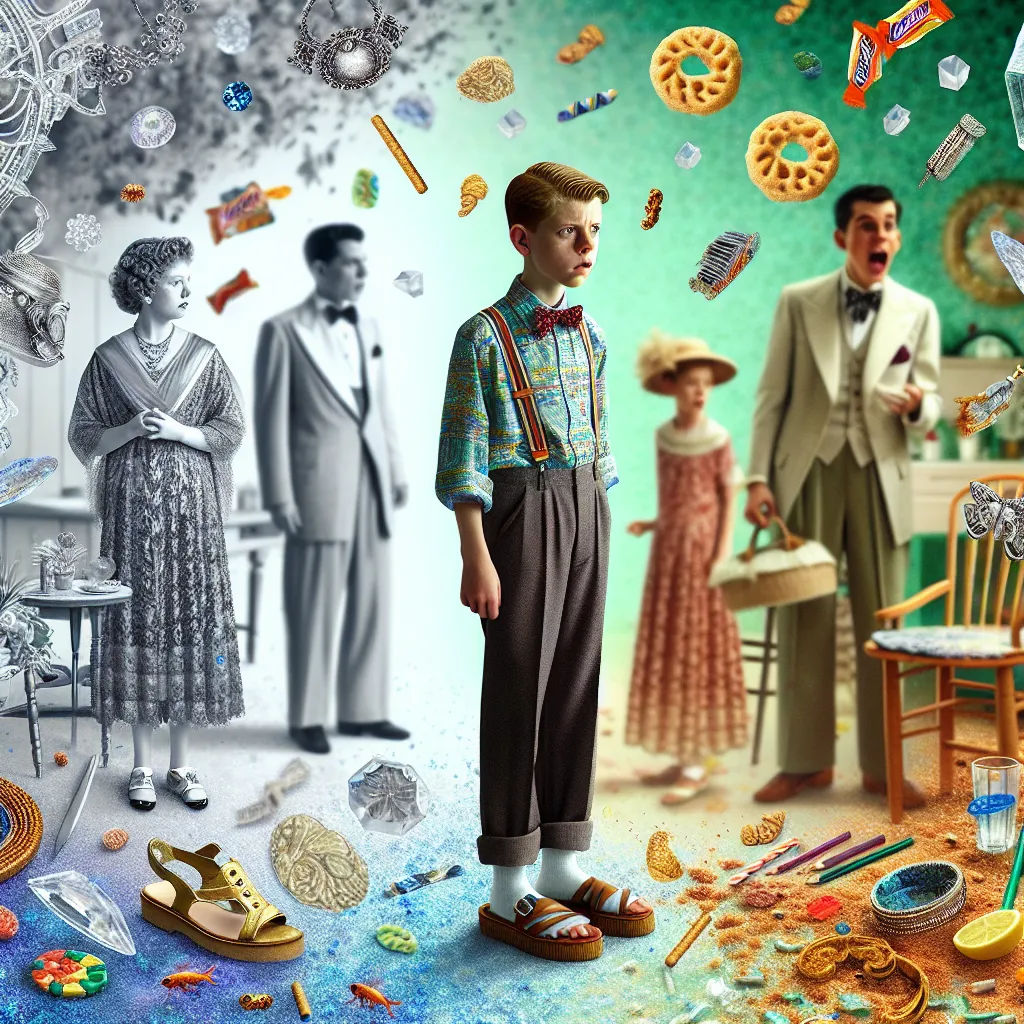 The image will show a 7-year-old boy, Lucas, accidentally transforming into his friend's mom, Denise, in a mystical and fantastical moment. Lucas, now resembling Denise, stands in astonishment as he navigates through the changes in his appearance, including his feet morphing into Denise's feet perfectly evident in her platform sandals. The setting will capture the chaotic aftermath in the kitchen with spilled soda, scattered chips, and a disarray of candy wrappers, alongside Denise's elegant dre