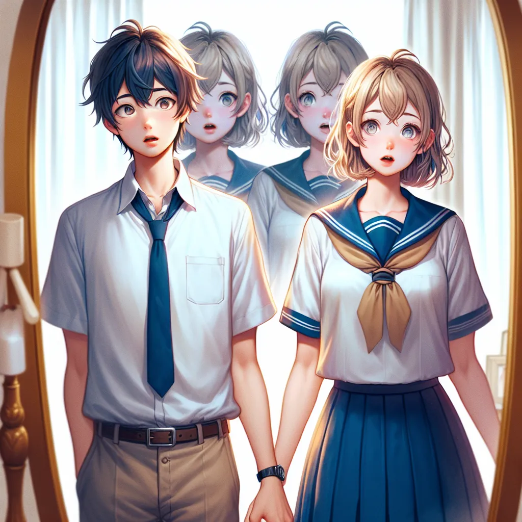 The image accompanying this story could be a split-screen depiction of Fuyuki and Natsumi, both in school uniforms, standing in front of a mirror. Fuyuki's reflection would show Natsumi's face and vice versa, depicting the body swap that has occurred. The image should capture the confusion, frustration, and disbelief experienced by the characters as they navigate their new identities.