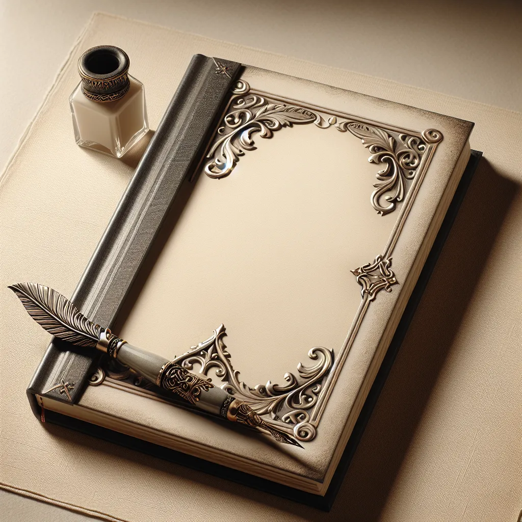 Description: A blank canvas resembling a storybook with elegant calligraphy pen resting beside it, implying a story yet to be written.