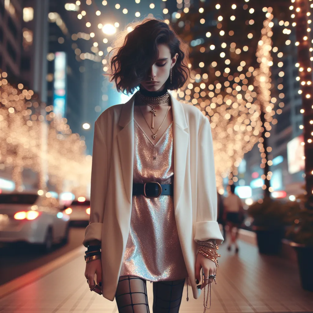 A young person embracing their true self and identity, standing tall in a feminine outfit and accessories, walking confidently down a street at night surrounded by the enchanting lights of the city.