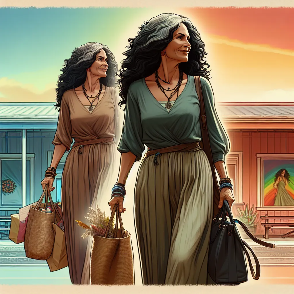 A digitally-generated image of Maria Santiago, a resilient woman who has embraced her transformative journey and found a new sense of purpose in her life. The image depicts Maria as a middle-aged woman with a warm smile, her curly black hair flowing around her shoulders. She wears a comfortable tank top, long flowing shorts, and stylish sandals. In one hand, she holds a bag of craft materials, signifying her involvement in the crafting community, and in the other hand, she carries a modest handb