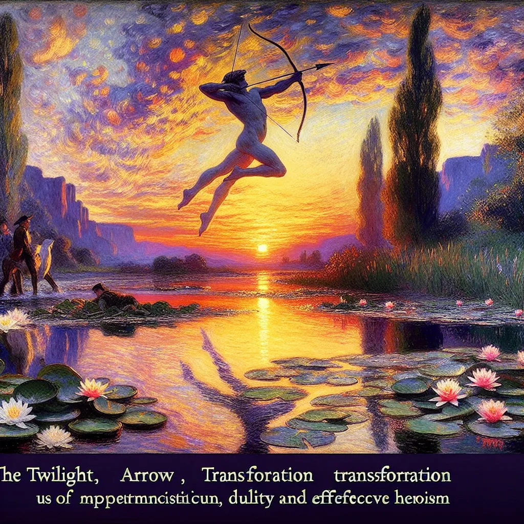 Twilight, Arrow, Transformation, Duality, Heroism in the style of Monet