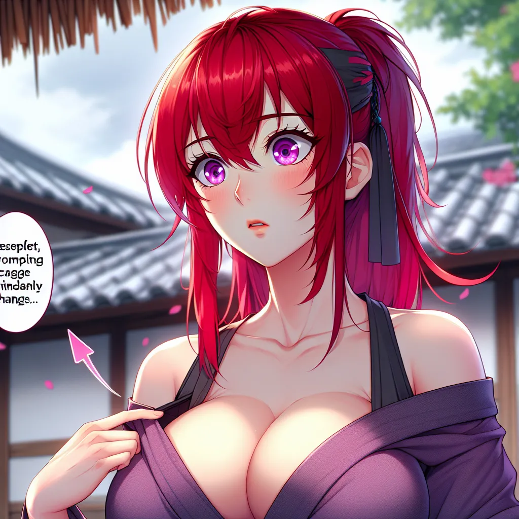 A young woman with vibrant red hair and striking violet eyes stands in a village, her expression a mixture of confusion and acceptance. Her body has undergone a mysterious transformation, her once flat chest replaced by full, rounded breasts. Memories of her previous male identity are fading, replaced by a new sense of femininity that feels both familiar and foreign. She struggles to comprehend her new existence, but resolves to embrace her new reality as a proud ninja, with traces of her past s