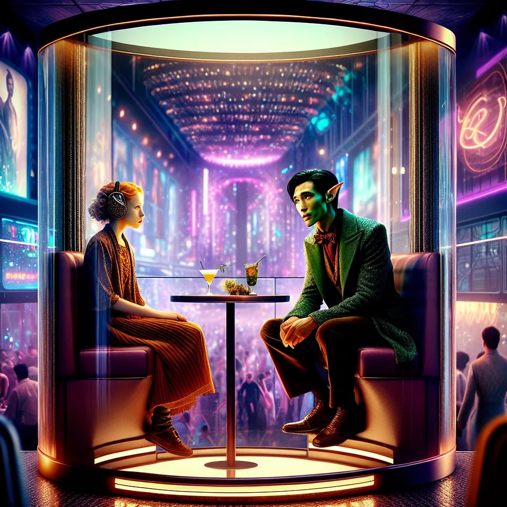 A young woman with honey-colored hair and sorrowful eyes sits alone in a glass-walled booth high above a pulsing dance floor, surrounded by neon lights and the hum of a nightclub. A mysterious and elegant man, with black hair, moss-colored eyes, and slightly pointed ears, unexpectedly enters her private space, offering to help her find her missing sister. An air of enchantment and intrigue surrounds them as they engage in a conversation that hints at the possibility of magic and a new beginning.