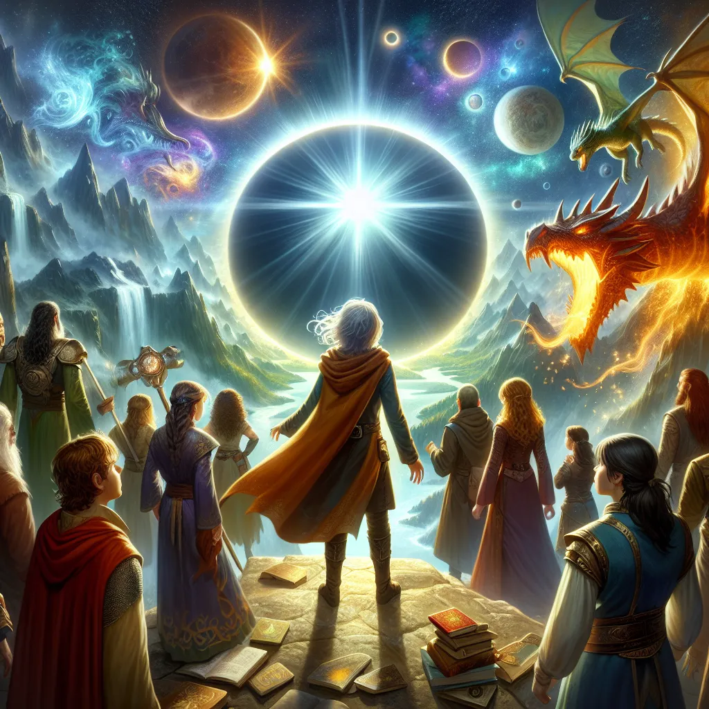 A young apprentice wizard named Elara and her loyal companions stand on the highest cliff of the Valley of Whispers, witnessing the celestial event known as the Eclipse of Wha. As the eclipse reaches its zenith, a beam of light descends upon Elara, revealing visions of a dragon, a hidden kingdom, and a crown of celestial fire. Elara and her companions embark on an epic quest to seek the Amulet of Wha, guarded by the Eternal Flame Dragon, and fulfill their destiny to restore balance and prevent i