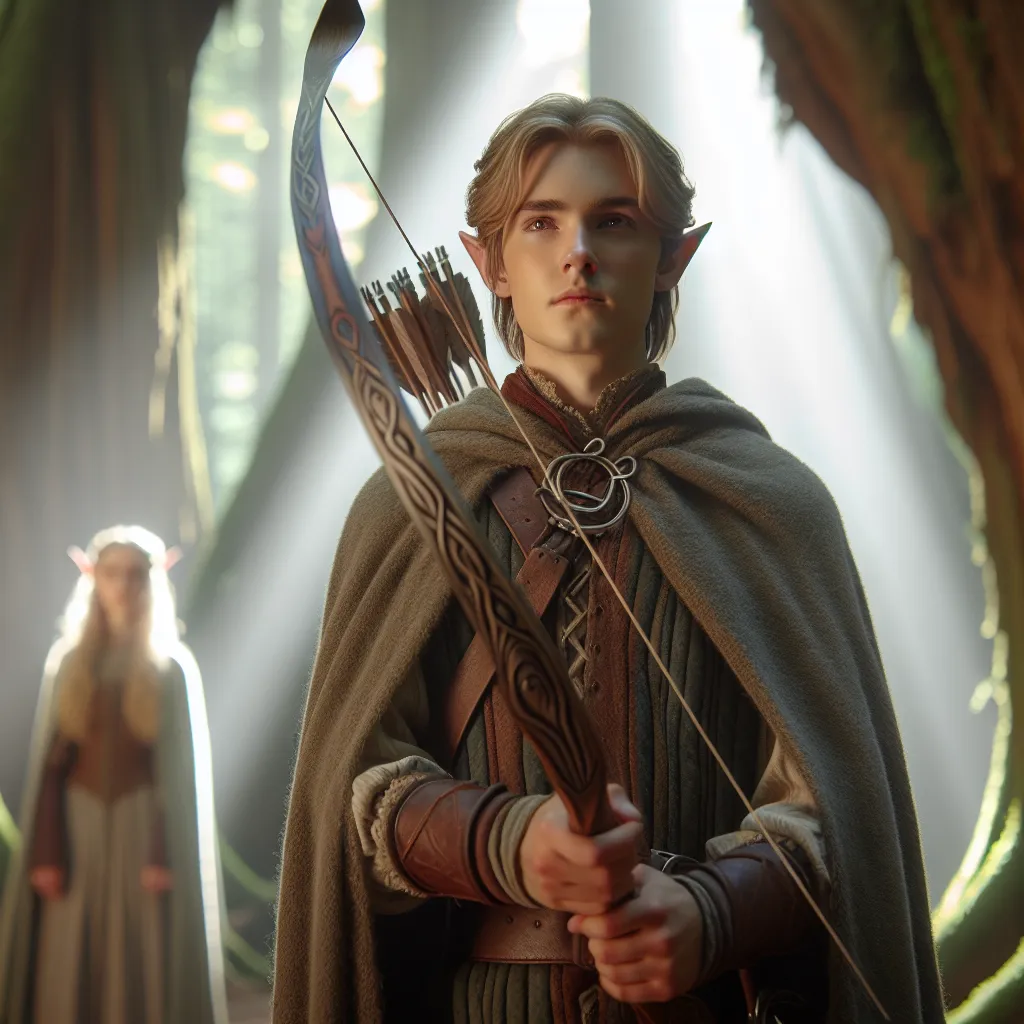 The image accompanying this story shows a young elven hero standing in a mystical forest clearing. Clad in a medieval tunic and cape, the hero looks both determined and uncertain as they hold a magnificent bow and arrow. Sunlight filters through the ancient trees, casting a soft, ethereal glow on the hero's face. In the distance, a beautiful elven maiden stands beside them, offering comfort and guidance.