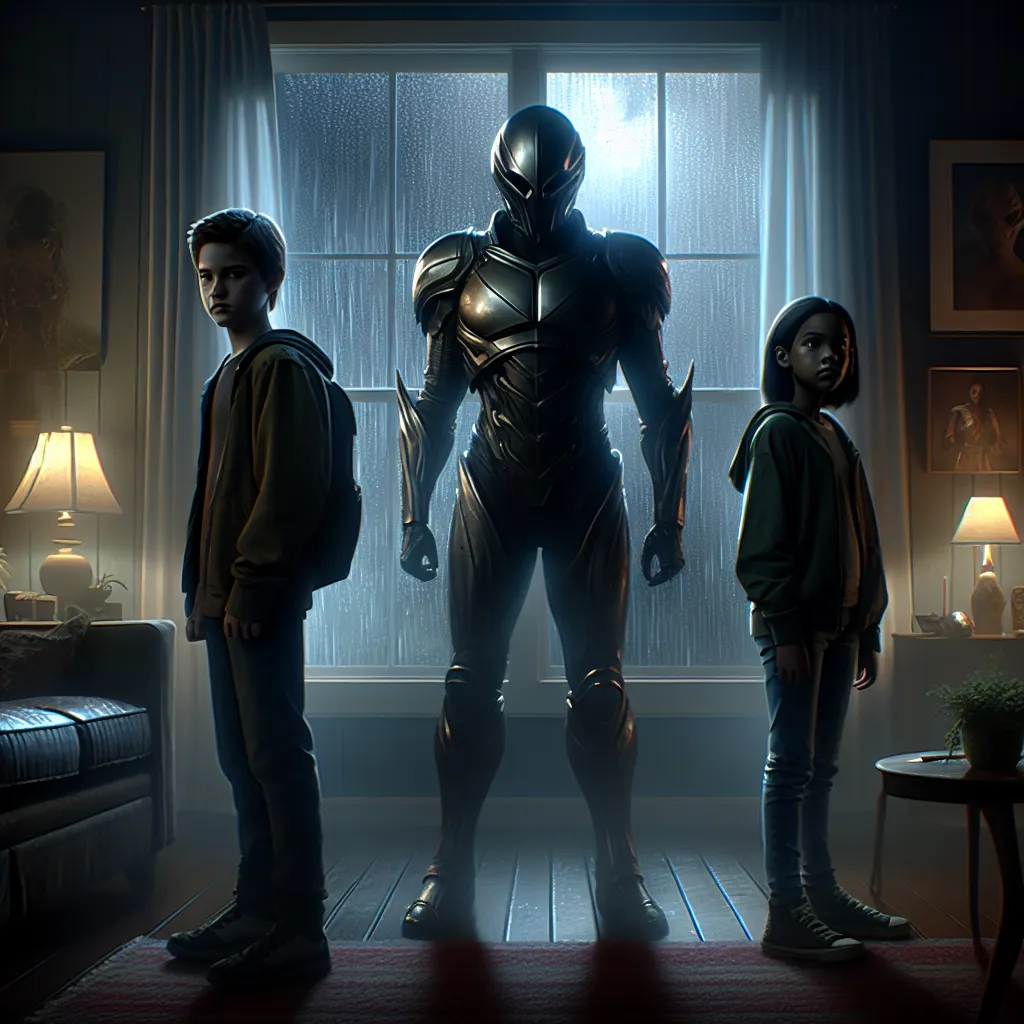 An image depicting three characters standing side by side in a dimly lit living room. One character is a teenage boy with a serious expression, another is a girl with determined eyes, and the third character is a younger version of the teenage boy with a look of excitement. They are facing an imposing, armored alien bounty hunter who stands tall and menacing in front of them. Rain can be seen through the window behind them, with the room bathed in a soft, eerie light.