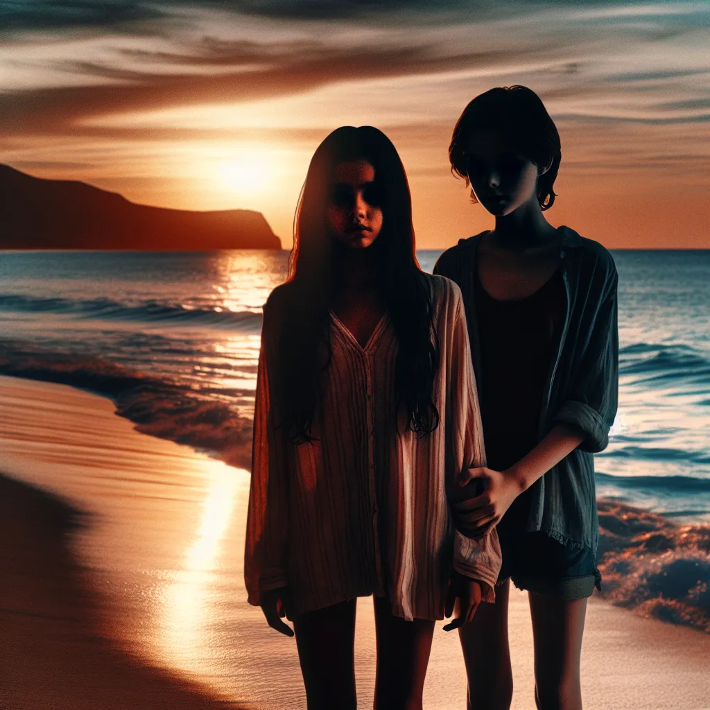 An image of a sandy beach at sunset, with the silhouette of two figures standing at the water's edge. One figure, a teenage girl with long dark hair, wraps her arm around the other figure, a lanky boy who looks shocked and distressed. The ocean shimmers in the background as the setting sun casts an eerie glow, reflecting the twisted transformation and dark forces that have altered their lives forever.