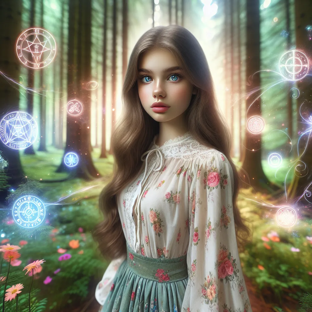 A young teenage girl with long flowing hair and bright eyes, dressed in a whimsical floral skirt and blouse, smiling softly as she twirls in a magical forest setting. Around her, faint glowing symbols and subtle hints of ancient magic shimmer, blending innocence with hidden power. The atmosphere is enchanting and youthful, capturing the blend of a powerful witch trapped in an adolescent form.