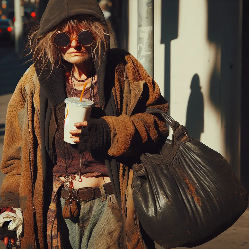 In the image, a homeless woman named Rebecca, with worn-out clothes and a tired expression, stands alone on a street. She carries a faded black purse and holds a soda cup from a nearby fast-food restaurant. Her face is partially hidden behind large, round sunglasses with scratches on the lenses. The sunlight casts long shadows as she walks, her figure reflecting a sense of resilience and determination despite the hardships she faces.