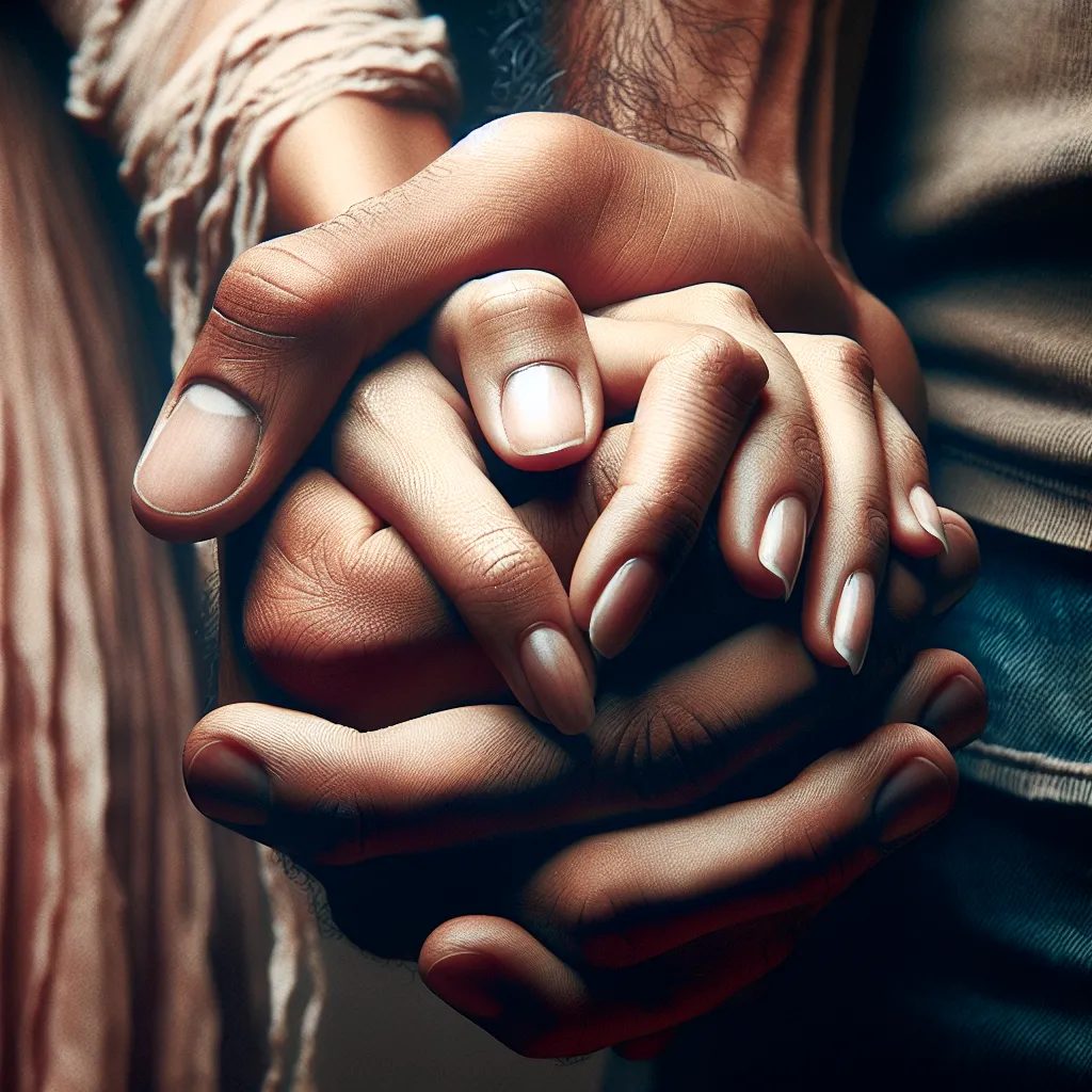 A close-up of two hands intertwined, one male and one female, representing the complex journey of love and forgiveness in a captivating romance story.