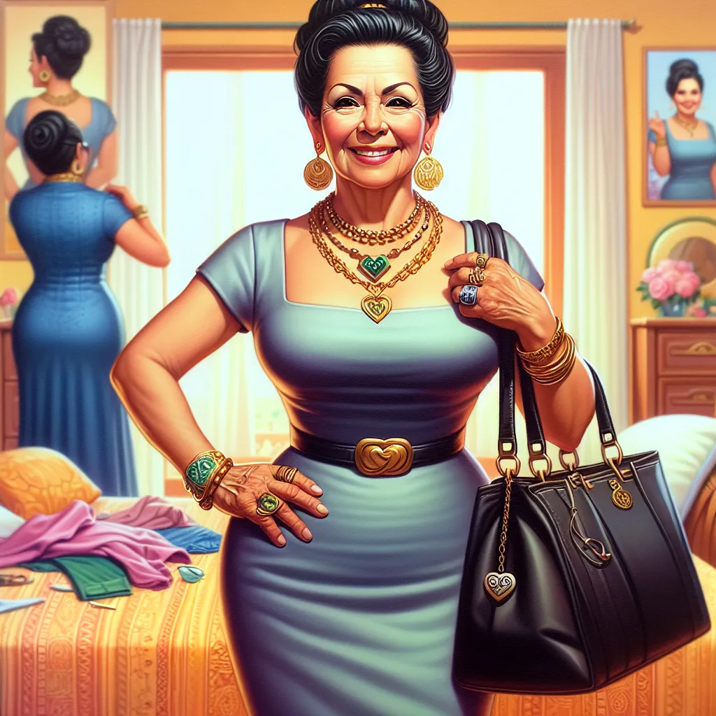 A colorful image of Carmen, a proud Mexican woman in her late 50s, standing confidently in her tank top and jean shorts. She wears seven pieces of jewelry, including a gold wedding ring and a silver bracelet with a heart charm. Her black hair is tied up in a bun, secured with a gold hairpin. She carries a large black leather handbag over her shoulder. In the background, a tidy bedroom can be seen, featuring a neatly made bed with a tank top and shorts laid out. The image captures a sense of warm