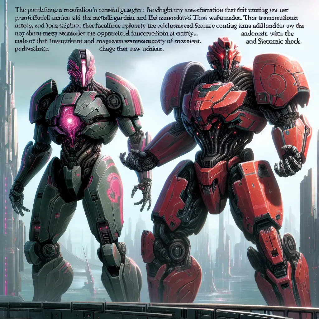 A towering pink-and-gray robotic figure, known as Dynamo, stands next to a bulky crimson-and-black metallic figure, named Torpedo Blast. They have both undergone a metamorphosis from their demonic forms into towering cybertrons, their memories and identities transforming alongside their bodies. As they find themselves in the bustling streets of Cybertron, they realize that they are ex-Decepticons who have now become Autobots. With their past lives as Charlie Morningstar and Alastor the Radio Dem