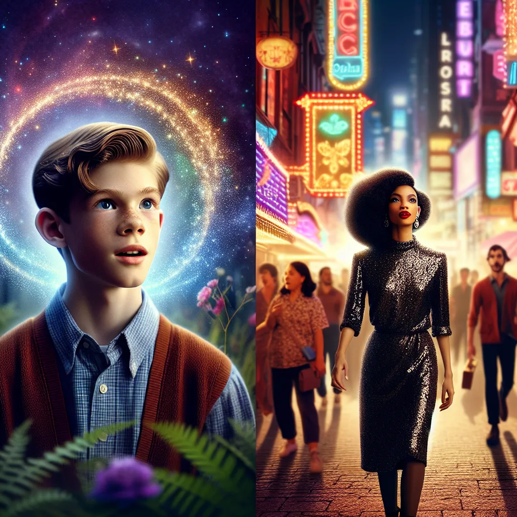 A long, detailed story follows a young boy named Lucas whose chance encounter with a glamorous woman named Veronica triggers a magical transformation, turning him into the confident club-goer Veronica Raye. With each detail meticulously described from appearance to actions, the story unfolds as Lucas transitions into Veronica, navigating her newfound life with poise and excitement, embracing her identity and the city nightlife. The image should capture the essence of this transformation, from Lu