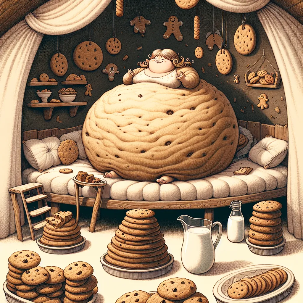 A whimsical illustration of a woman named Frankie Foster, who has been transformed into a large, living dough ball. She sits on a plush perch surrounded by trays of Grandma's cookies and milk, with her rounded belly growing as she savors each indulgent bite. A village of life-sized gingerbread cookies gathers in her cozy home, adding to the joy and warmth of her surroundings. Despite her immobility, Frankie embraces her unique lifestyle with love and contentment, cherishing every moment of her s
