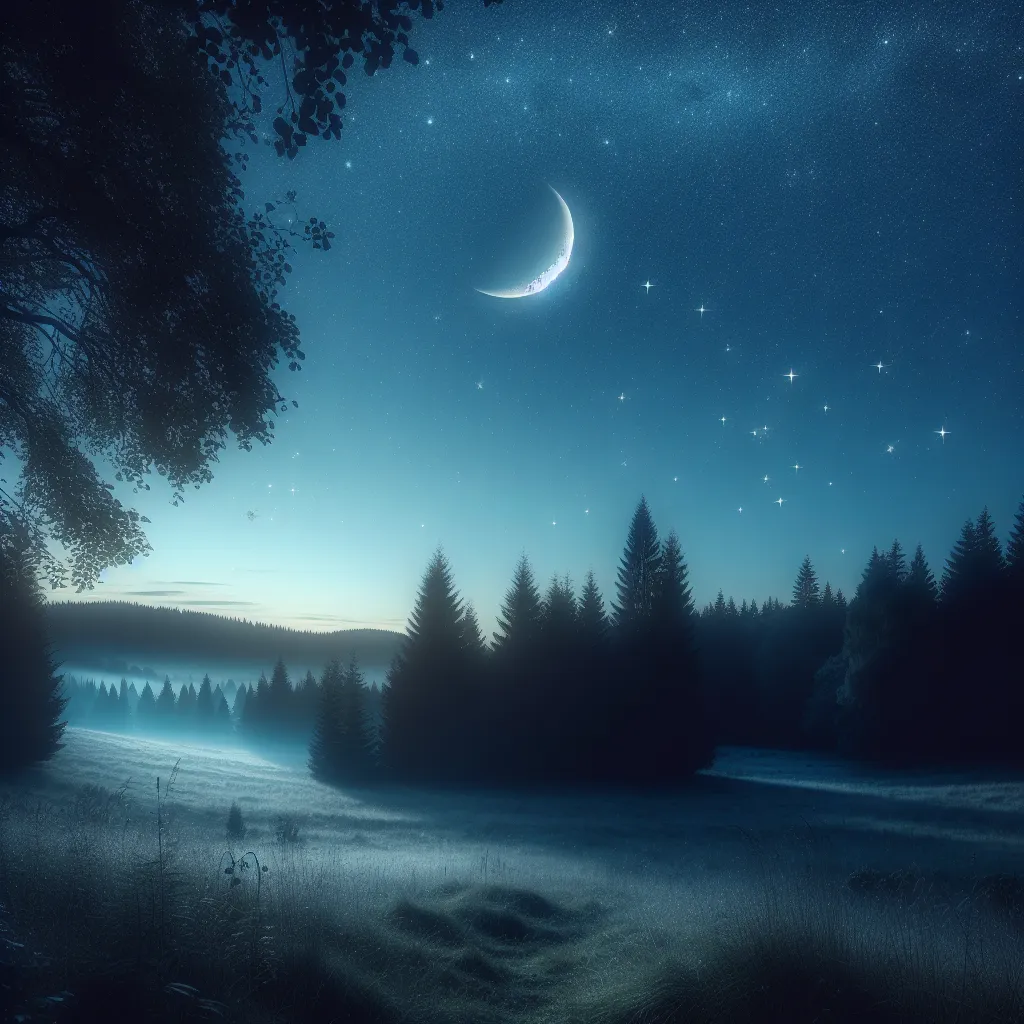 A serene, beautiful night sky filled with stars and a waxing crescent moon, casting a soft glow over a peaceful forest clearing.