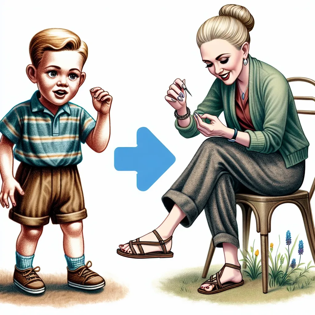 The image depicts a young boy named Tommy, who has transformed into a woman named Linda. Linda, with her blonde hair, makeup, and manicured nails, is seen struggling to remove her platform sandals and jewelry while wearing a tight outfit. She appears confused and uncomfortable in her new appearance as she navigates her new life.