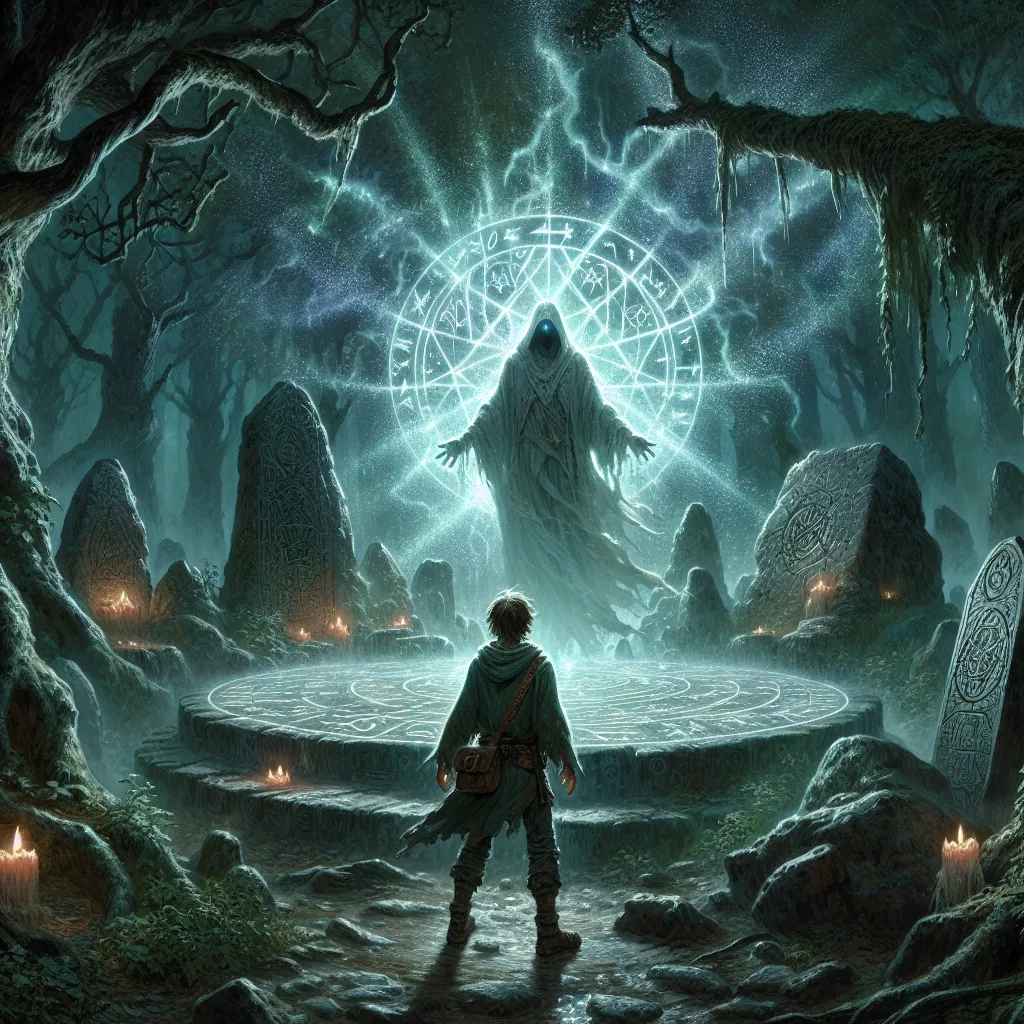 A young sorcerer named Alaric stands alone in a moonlit forest clearing, surrounded by dense foliage. His tattered robes cling to him as he gazes at an enormous stone altar covered in pulsating symbols. A figure, shrouded in ethereal light, looms above the altar. With eyes filled with awe and terror, Alaric approaches, ready to face the ancient being known as Elysian. The fate of the realm hangs in the balance as Elysian reveals that an imbalance is causing a rift and instructs Alaric to retriev