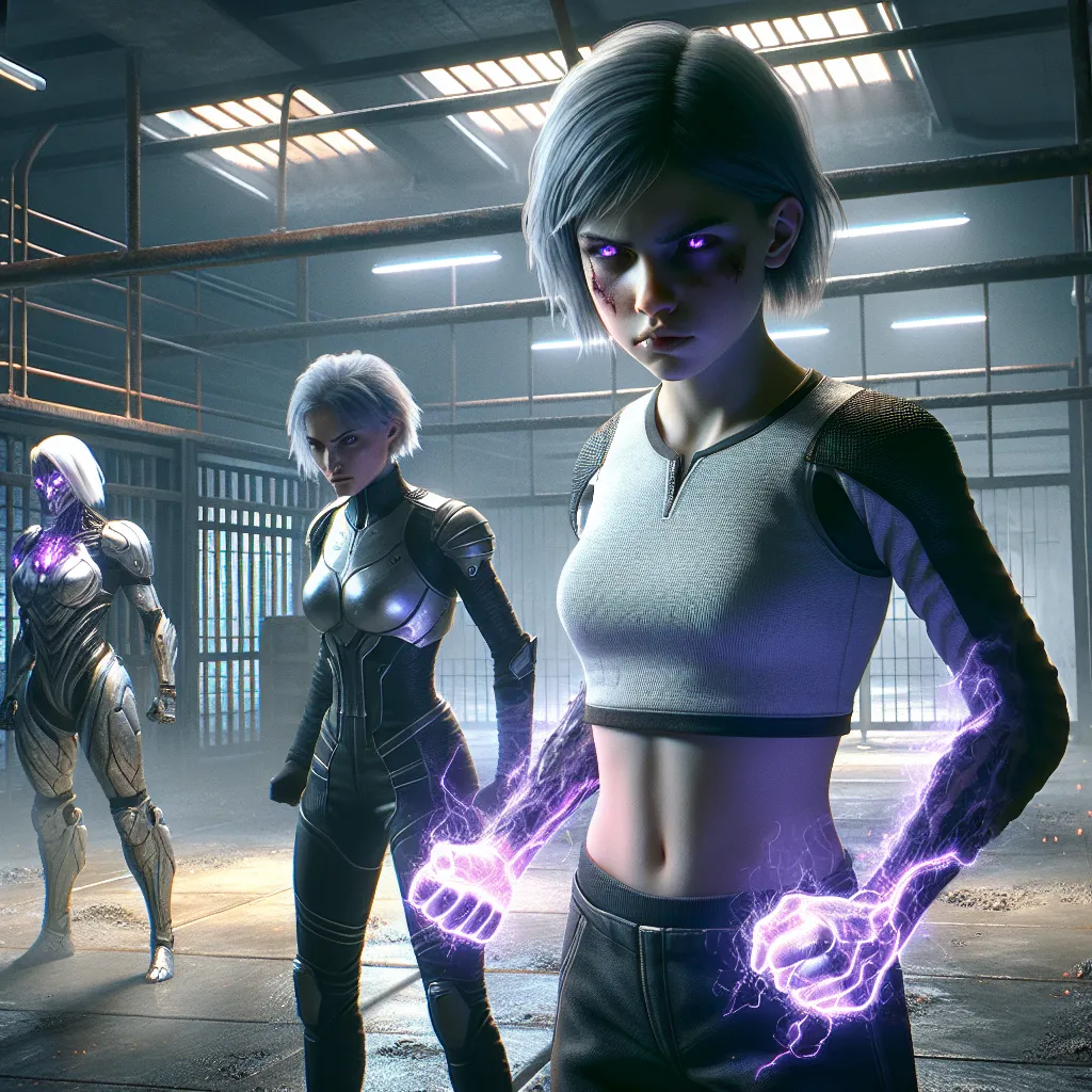 A fierce teenage girl stands defiantly in a cold, dimly lit concrete training ring inside a stark, steel-walled facility. Her slender frame is bruised and battered, violet energy crackling ominously from her glowing hands. Opposite her looms a stern, armored woman with silver hair and a harsh expression, exuding intimidation and control. The harsh fluorescent lights flicker overhead, casting long shadows that emphasize the bleak and oppressive atmosphere of this brutal mutant training ground.