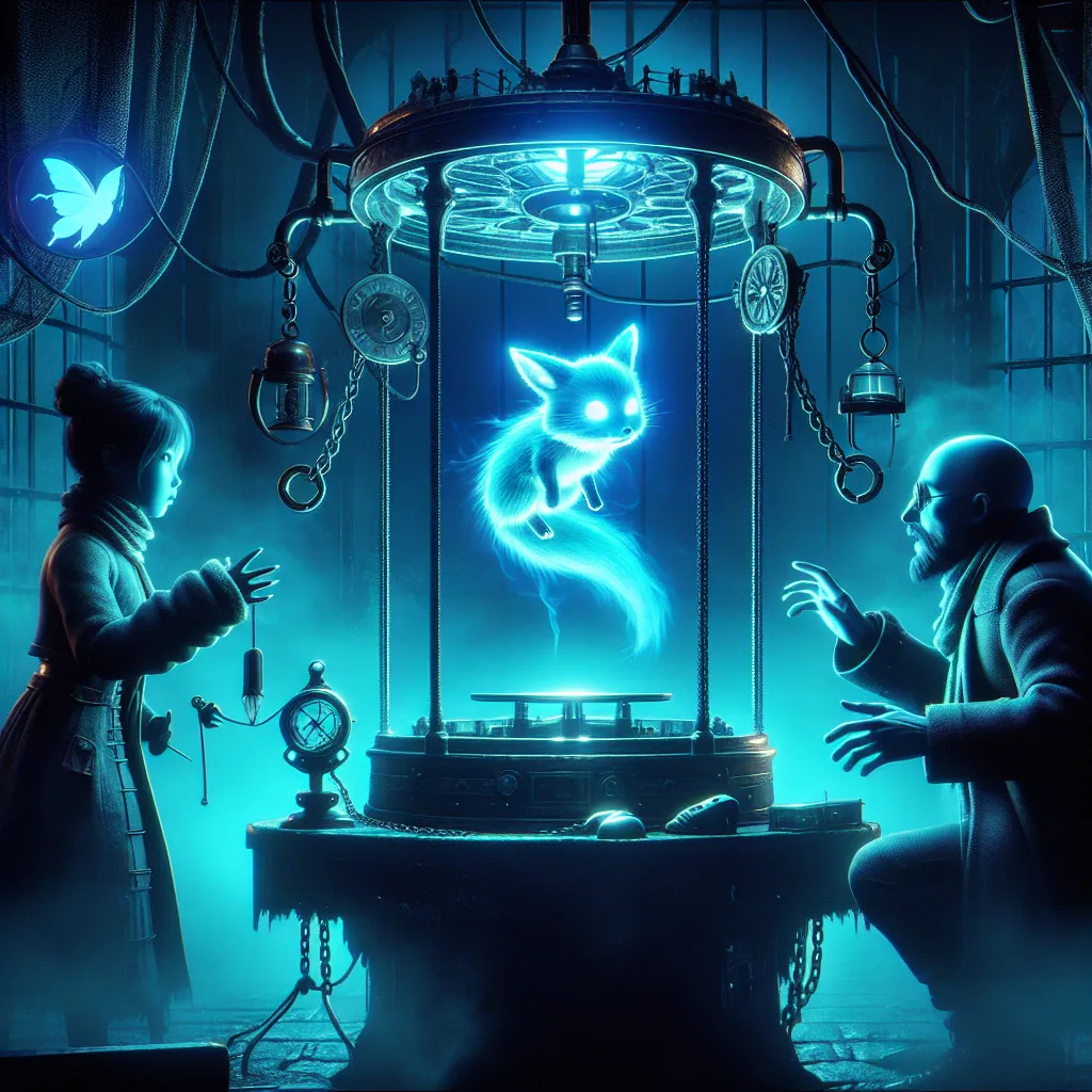 Description: A dark and eerie image depicting a mysterious machine surrounded by neon-blue lights. Two figures, one young and innocent-looking, the other older and sinister, stand near the machine as a horrifying soul swap takes place. A small fox-shaped companion floats nearby, adding an element of magic and unease to the scene.