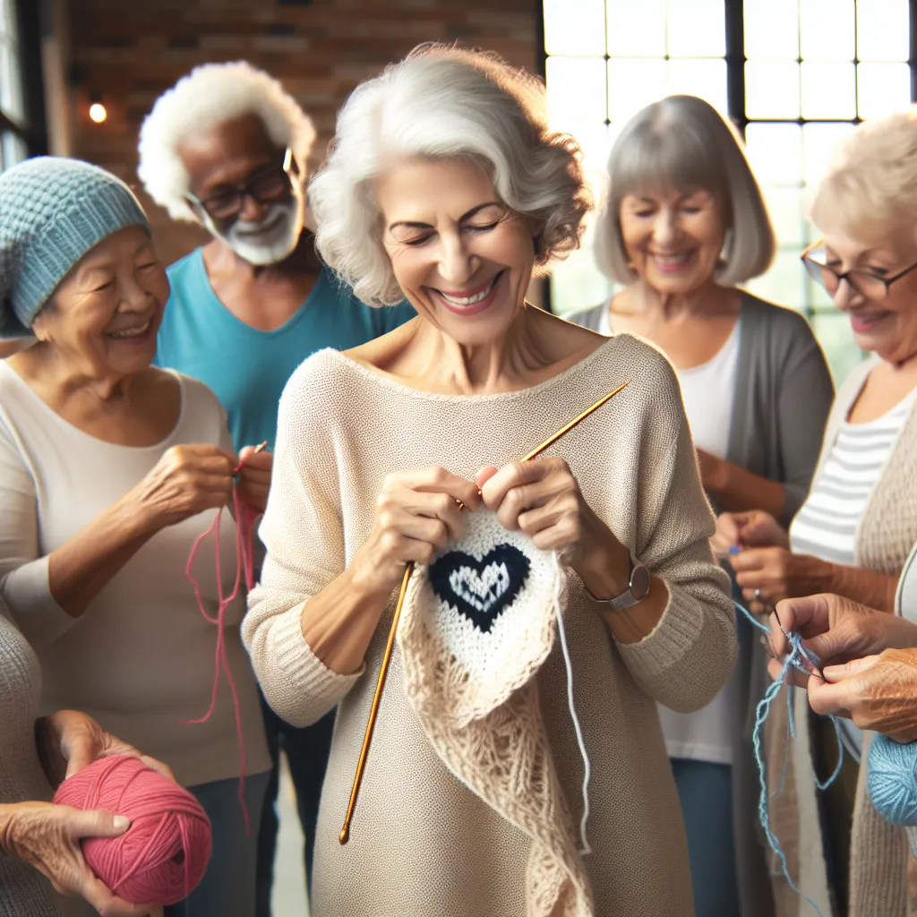 A heartwarming image of Barbara, a resilient elderly woman, finding new purpose and joy in her life at a community center. She stands with a group of senior friends, knitting together and sharing stories, surrounded by a supportive and welcoming environment.