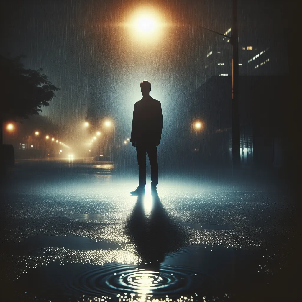 A silhouette man stands alone beneath a streetlight in the rain, looking contemplative and isolated.